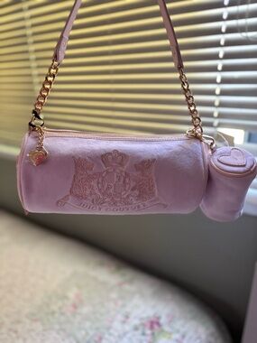 Juicy Couture Light Pink Velvet Barrel Shoulder Bag with Gold Chain